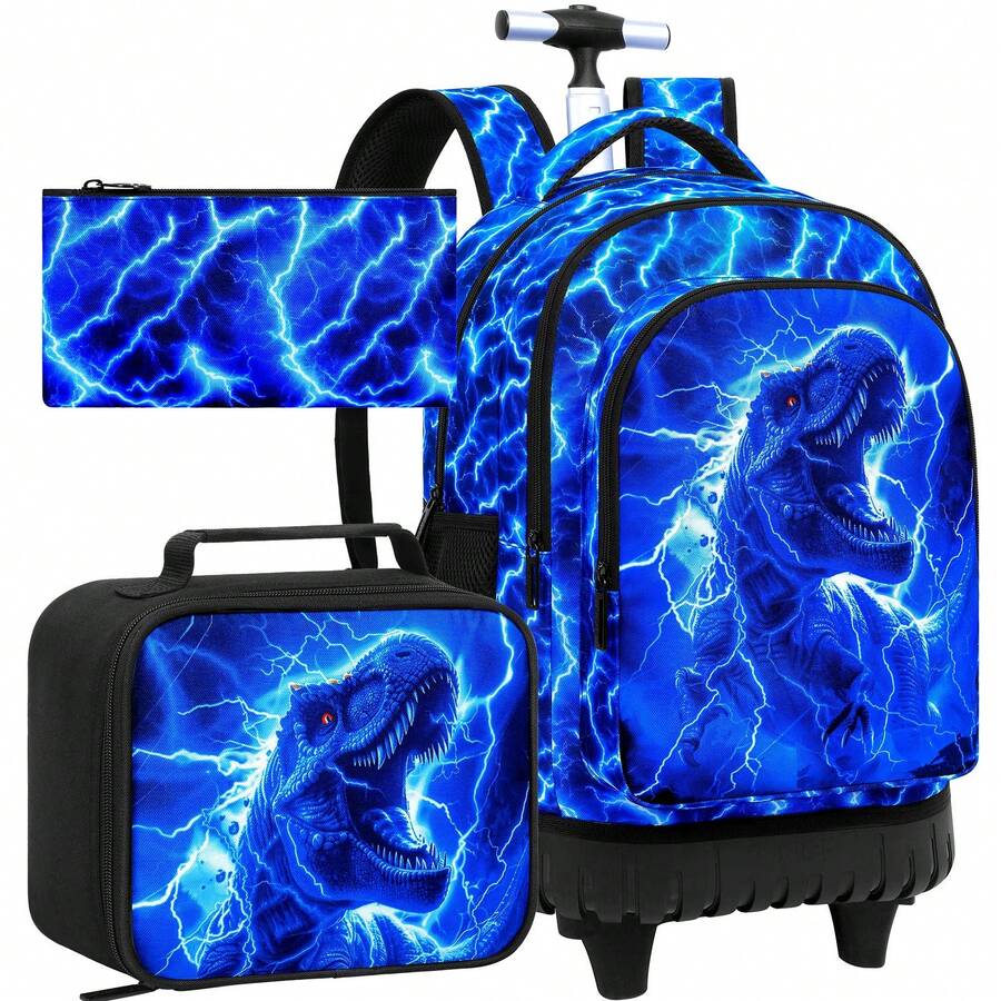 3pcs/Set Boys' Rolling Backpack, Includes Lunch Bag, Dinosaur Lightning Pattern Wheeled Student School Bag - Blue - View 1