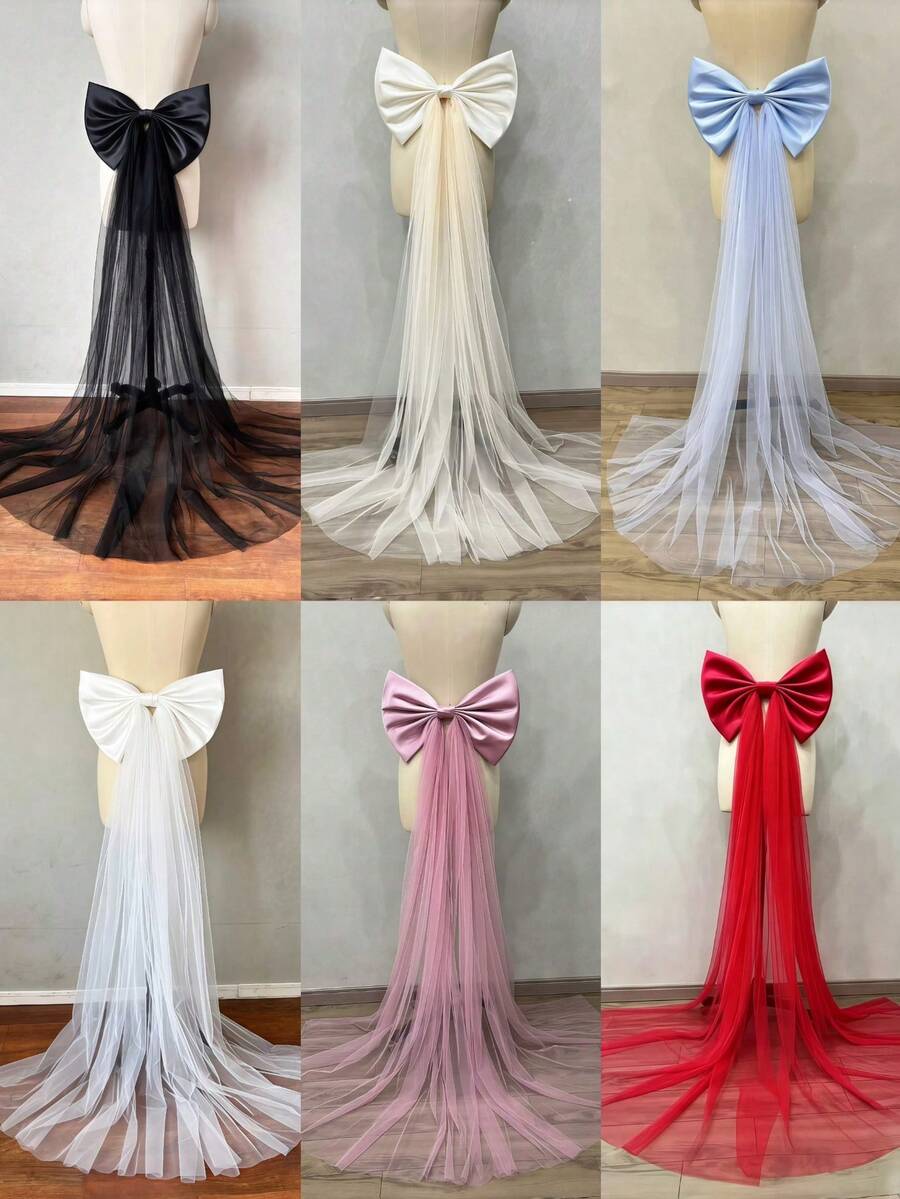 1件女款蝴蝶結拖尾禮服，白色、黑色、紅色、淺藍色、粉色、香檳色，蕾絲露背蝴蝶結拖尾，晚禮服裝飾，可拆卸新娘腰部蝴蝶結配件