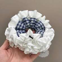 1件格子休闲涤纶发圈，多功能蓝白格纹双层荷叶边发圈马尾辫发绳发圈橡皮筋发圈发绳 - 藍白格紋雙層髮圈 - 查看 3