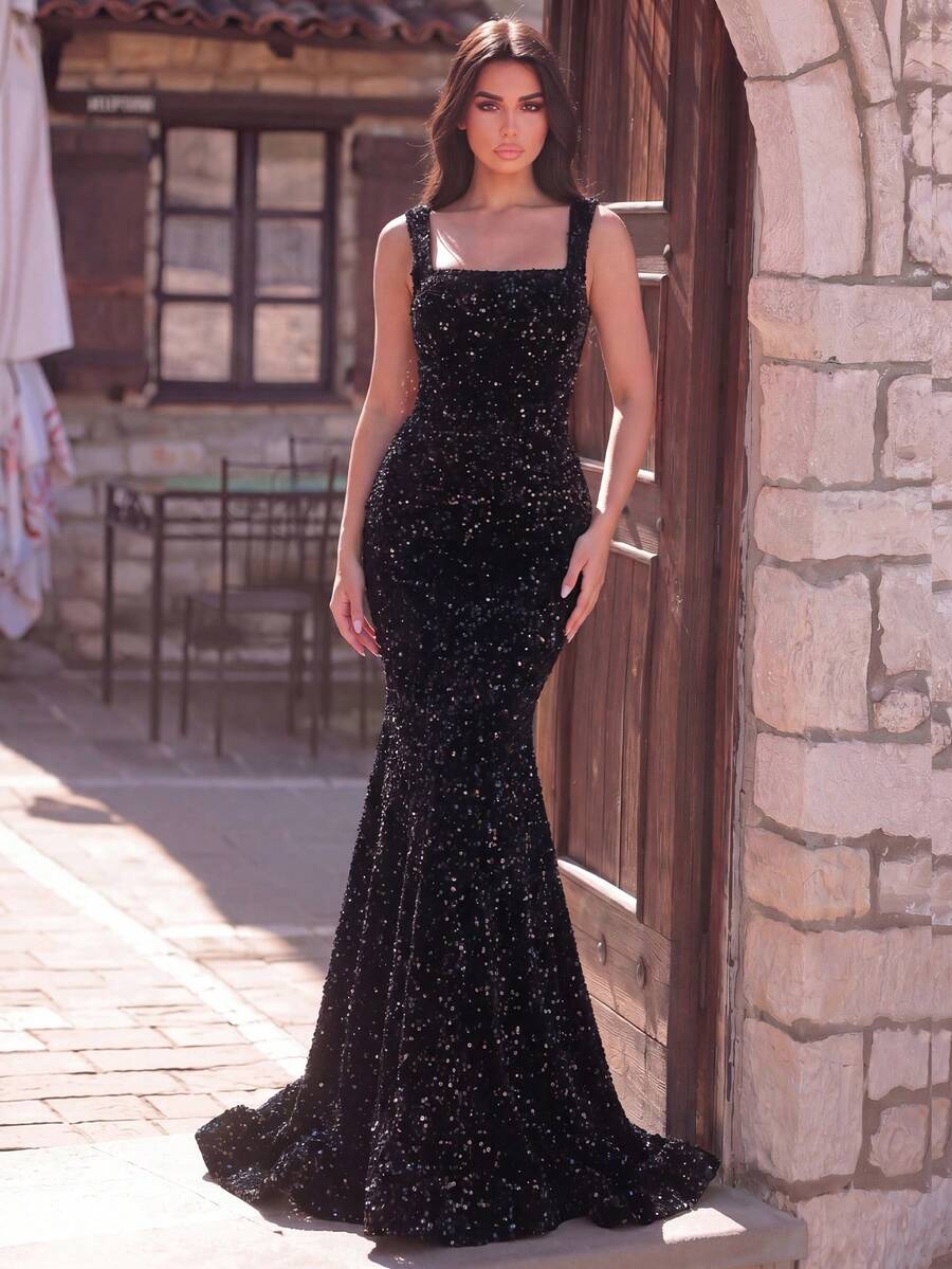 Faeriesty Women's Glamorous Sequin Mermaid Maxi Dress With Backless Detail, Sleeveless Strap Neckline Formal Evening Gown, Perfect For Elaborate Party Events - Black - View 1