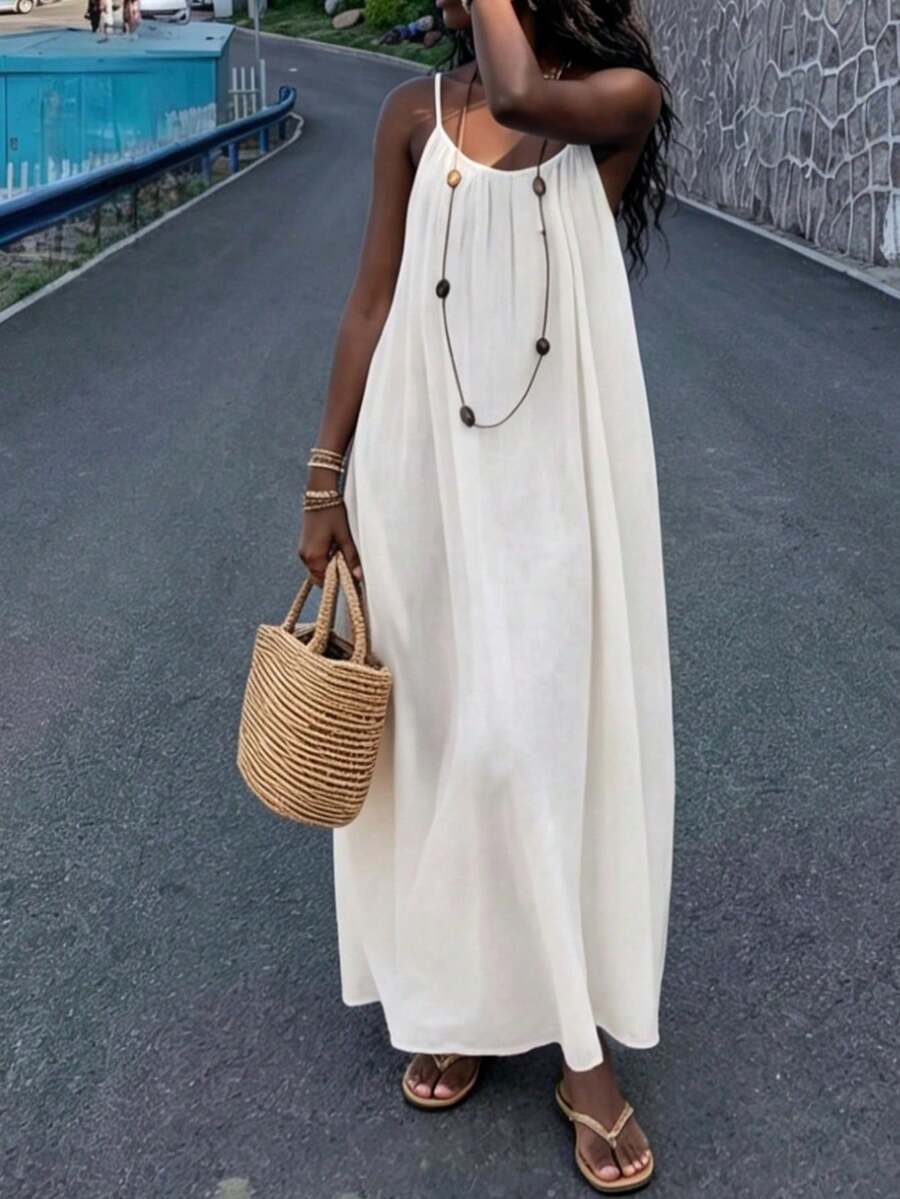 女士宽松露背吊带连衣裙，波西米亚海滩度假风休闲纯色派对连衣裙 - 白色 - 查看 1