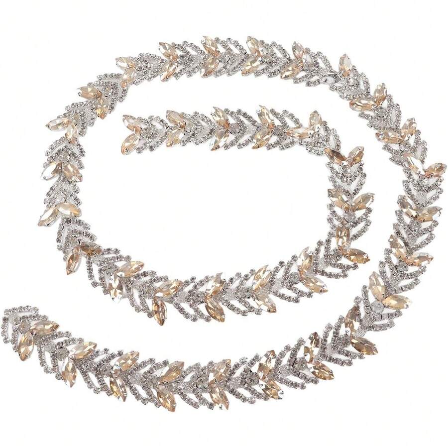 Cadena de Diamantes de Imitacion de Cristal, Aplique de Adorno Flor Hoja de 1 Yarda, Parche de Cadena con Cuentas para Decoracion de Vestidos de Boda, Fiestas, Adorno Traje Nupcial (Champán) - Champán - Ver 1