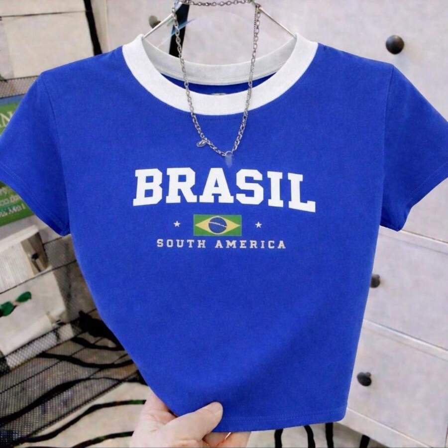 Cropped T-Shirt Brazil Amelica Printed Top Blouse Round Neck Short Sleeve World Cup  Brazil  Fans - 藍色 - 查看 1