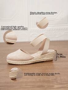 女士夏季坡跟鞋，黑色坡跟鞋，女士坡跟厚底一脚蹬鞋，女士坡跟厚底凉鞋，简约踝带草编鞋，人造革坡跟凉鞋，夏季度假米色透气网眼弹力踝带鞋，舒适沙滩编织鞋，镂空鞋，尺码34-43，大码小码女鞋，女士高跟鞋，女士高跟凉鞋，女士高跟鞋，优雅女鞋 - 杏色 - 查看 4