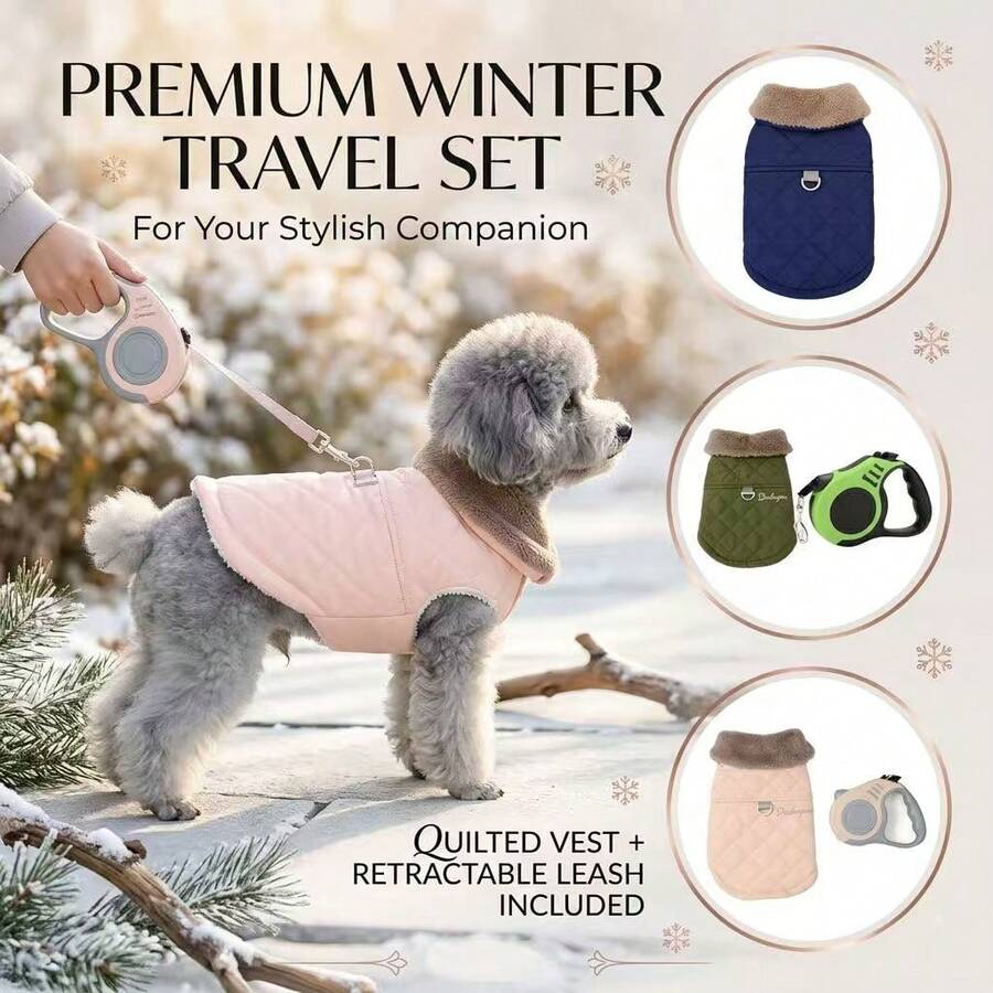 Bộ 2 món áo khoác ấm áp có đệm lót + dây xích rút gọn cho thú cưng, áo khoác cổ nhung dễ thương cho chó, trang phục du lịch ngoài trời ấm áp cho chó có cổ nhung, mùa thu/đông. - Nhiều màu - Xem 1