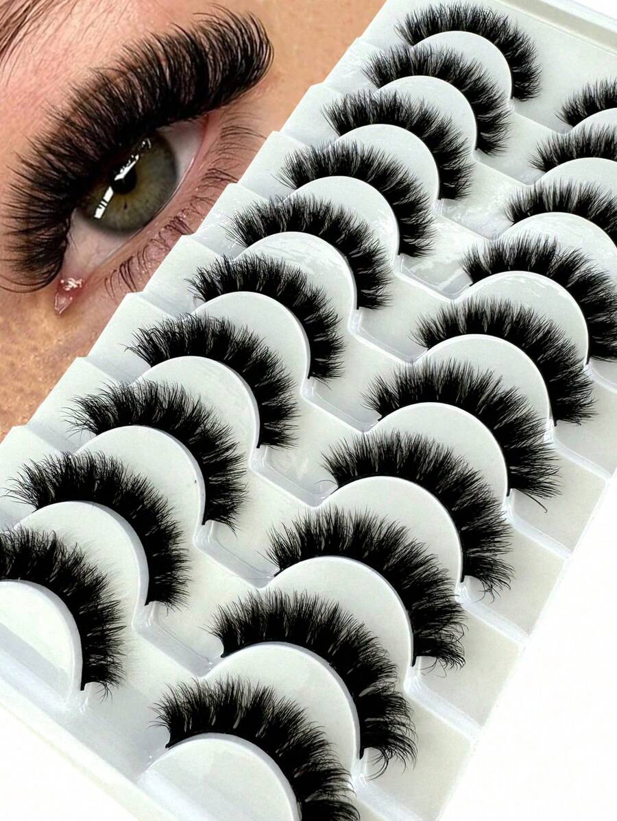 10 Pairs New 6D Ultra Soft Faux Lashes, Handmade, Reusable, Short Natural Style, Thick 3D Faux Mink Lashes - Black - View 1