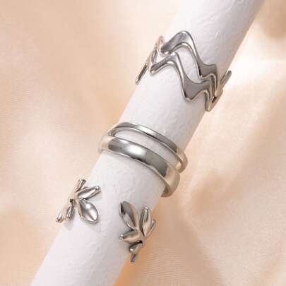 Bộ 3 chiếc nhẫn hở bằng thép không gỉ tối giản hình học, thiết kế sóng và lá, phù hợp cho nữ đeo hàng ngày hoặc dự tiệc.