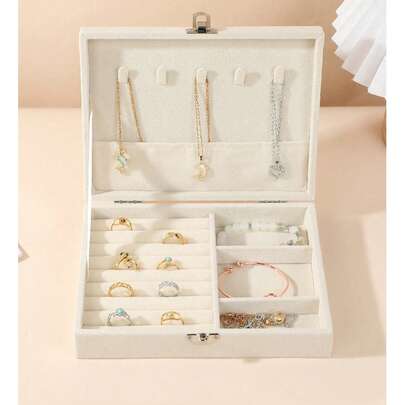 1pc Large Flocked Jewelry Box, Jewelry Storage Box, Necklace, Earring, Bracelet, Ring Jewelry Box, Elegant French Style, Gold Jewelry Box, Luxury Multi-Layer Lockable Jewelry Storage Box, Anti-Oxidation Bracelet, Earring, Necklace Jewelry Box, Multi-Compartment Multi-Layer Ring, Bracelet, Pendant Jewelry Storage Box, Jewelry Carrying Case