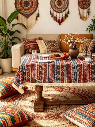 1 chiếc khăn trải bàn kẻ sọc hình học phong cách Bohemian, hình chữ nhật, khăn trang trí cho bàn cà phê, tủ đầu giường, bàn ăn, thích hợp cho gia đình, nhà bếp, phòng ăn, tiệc tùng, đám cưới, kỳ nghỉ, dã ngoại, hoạt động ngoài trời, mọi mùa, xuân/hè.