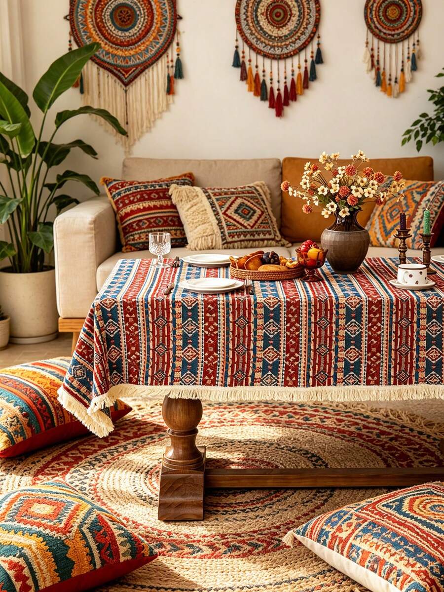 MineLain 1pc Bohemian Geometric Striped Tablecloth, Rectangular Table Cover, Decorative Cloth For Coffee Table, Bedside Cabinet, Dining Table, Suitable For Home, Kitchen, Dining Room, Party, Wedding, Holiday, Picnic, Outdoor Activities, All Seasons, Spring/Summer
