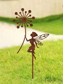 1 pieza Estaca de decoración de jardín de hadas con flor de diente de león de metal oxidado, decoración exterior única hecha a mano con aspecto desgastado, estilo artístico, para colocar en el suelo, adecuado para jardín, patio o terraza, regalo perfecto para el Día de la Madre, decoración de jardín vibrante | Pieza de arte de metal duradera - Versión oxidada - Ver 2