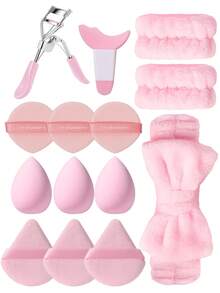 24件套化妆工具套装，包括：1个发带+2个手碗带+1个睫毛夹+3个迷你气垫粉扑+3个迷你化妆海绵+3个气垫粉扑+6个化妆海绵+3个三角粉扑+1个眼部化妆辅助工具+1个化妆刷清洁工具 - 粉色 - 查看 11