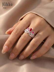 1 chiếc nhẫn hở điều chỉnh được hình vương miện và giọt nước đính đá ruby đỏ, thiết kế vương miện cao cấp, tôn dáng bàn tay, thích hợp cho đi làm, hẹn hò, dự tiệc, du lịch, đám cưới và các dịp khác. - vương miện - Xem 2