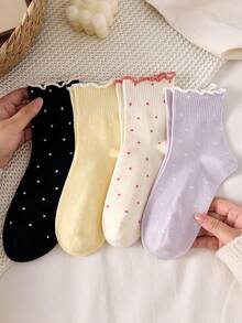 5 Pairs Women's Mid-Calf Socks With Polka Dot, Candy Color Wavy Edge Short Socks, Minimalist & Comfortable Leg Protection - Multicolor - View 5