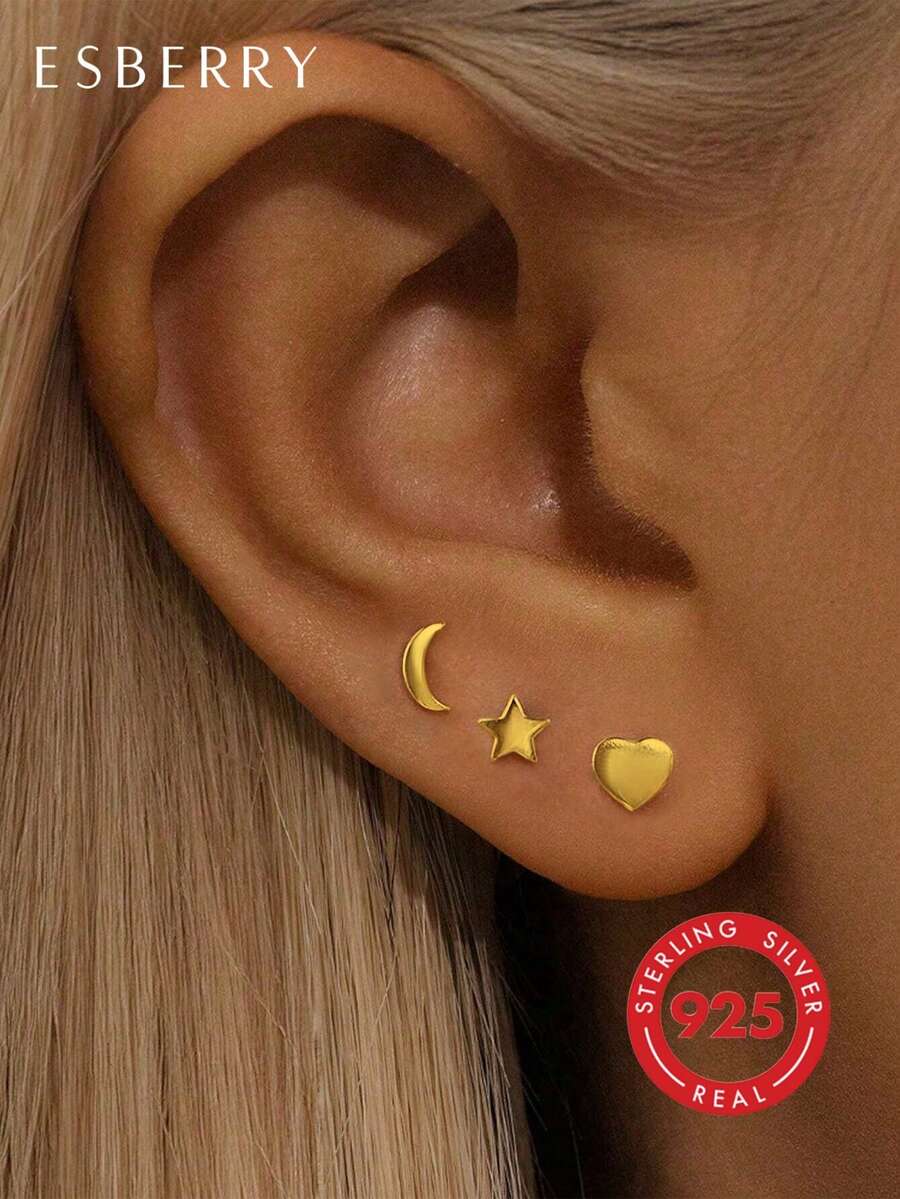 ESBERRY Bộ 3 bông tai hình trái tim, mặt trăng, ngôi sao, thích hợp đeo hàng ngày cho nữ, trang sức dự tiệc kỷ niệm, quà sinh nhật cho bạn gái. - Bông tai hình trái tim trăng sao - Xem 1