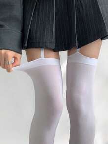 1pc Y2K Punk Style Suspender Socks, Sexy Dark Thigh High Stockings, Slim Fit - trắng - Xem 3