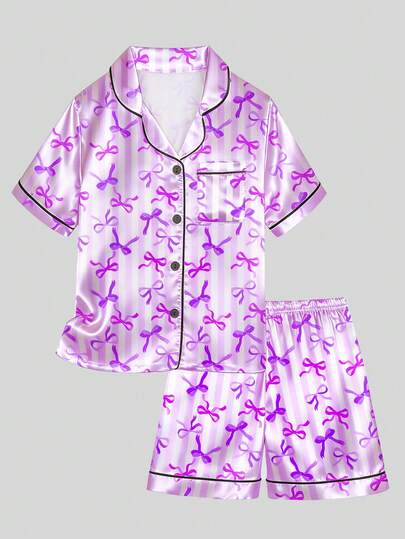 Tween Girl Purple Striped Bow Short Sleeve Shorts 2-Piece Pajama Set