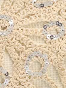 1个米色双面镂空钩编花卉亮片拼接亚麻手提包，时尚奢华水钻装饰手拿包，适合新娘、婚礼、派对、晚宴等场合使用（花卉亮片图案随机分布） - 米色 - 查看 5