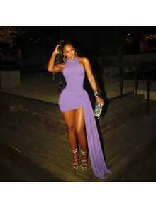 Spring And Summer New Women's Fashion Streamer Round Neck Sleeveless Sexy Backless Waist Wrap Hip Dress - 紫色(已做貨) - 查看 5