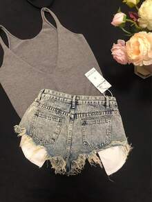 Retro Lolita Fringed Hem Distressed Denim Short Pants For Women - New Style, Slimming, Revealing A-Line Hot Pants - Snowflake Blue - View 7