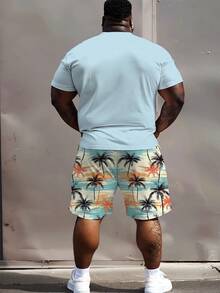 2pcs Plus Size Men's Coconut Tree Print Short Sleeve Shorts Set, Round Neck Tee Paired With Drawstring Shorts, Breathable Soft Comfortable Fabric - Baby Blue - View 3