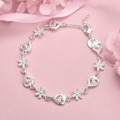 1 pieza Pulsera de plata de ley 925 chapada en plata de 8 pulgadas con diseño exquisito de corazón floral para mujeres, accesorios para bodas y fiestas, joyería