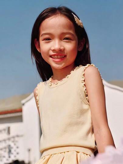 Áo vest dệt kim cổ tròn, màu trơn, viền ren, thanh lịch dành cho bé gái, thích hợp mặc thường ngày vào mùa xuân, hè và thu.