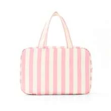 Striped Unisex Travel Toiletry Bag Large Capacity Foldable Portable Cosmetic Bag With Hanging Hook For Shower Gym Bathroom Essentials - 粉紅米色條紋 - 查看 3