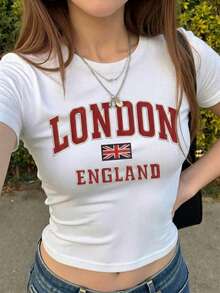 London England 大學風上衣，Y2K 風格圖案 T 恤，修身休閒短袖，街頭風夏季白色 T 恤 - 白色 - 查看 3