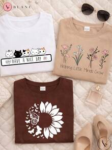 Set Of 3 Blouses With Kitten, Flower, Heart, And Animal Print -  - 100% Cotton - Plus Size. - D/BROWN/BEIGE/WHITE - View 2