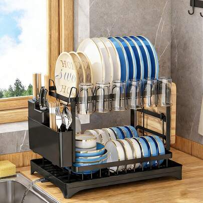2Layer Double layer heavy-duty metal bowl rack with drainage board, cutlery rack, and cup hook | Space saving countertop bowl rack, adjustable plates, pots, pans, and sturdy kitchen storage rack