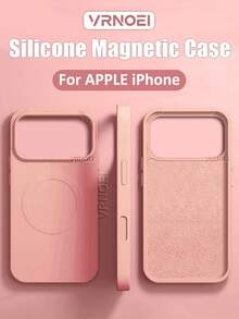 VRNOEI Luxuriöse matte Silikon Magnet Handyhülle für iPhone 15 14 13 12 11 16 17 Pro Max 17 Air, einfarbige geprägte Magnet Handyhülle, matte stoßfeste weiche Rückseite - Pink - Übersicht 1