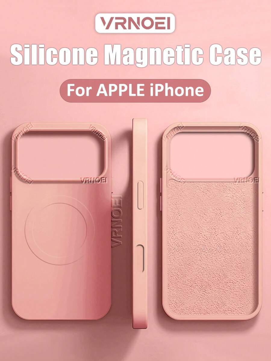 VRNOEI Luxuriöse matte Silikon Magnet Handyhülle für iPhone 15 14 13 12 11 16 17 Pro Max 17 Air, einfarbige geprägte Magnet Handyhülle, matte stoßfeste weiche Rückseite - Pink - Übersicht 1