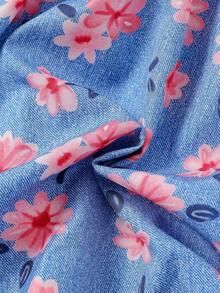 Floral Print Spaghetti Strap Girl's Elegant Dress With Matching Hat, Ruffle Hem A-Line Beach Dress, Suitable For Summer Beach Wear - Blue - View 7
