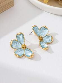 French Elegant Enamel Petal Hoop Earrings, Luxury Fashion Resort Style Earrings For Women Alloy Gold Fashion Hand-Painted Pearl Glitter Earrings - Baby Blue - View 5