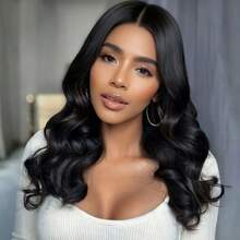 Peluca rizada de cabello sintético de 45 cm de largo medio con raya al medio, color negro, adecuada para todos los personajes femeninos de cosplay, disfraces de Halloween, de estilo esponjoso y natural, de moda y versátil - negro - Ver 2