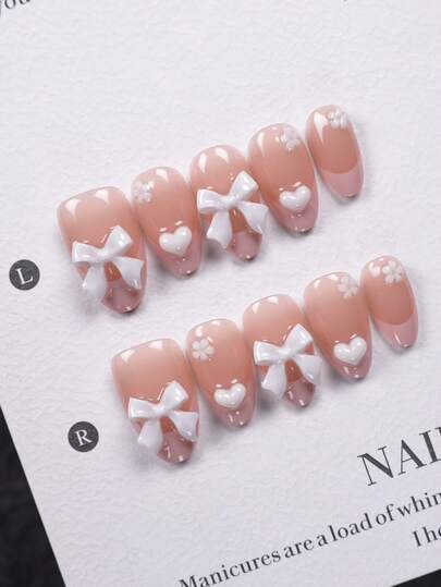 10pcs Short Almond-Shaped Pure Handmade Wearable Nails (Including 1 Set Of Manicure Tools), Cute 3D Bow & Heart Print Nail Art Set For Women, Glossy False Nails, Ideal For Bridal Gifts, Coffee Dates, Picnics & Casual Outings