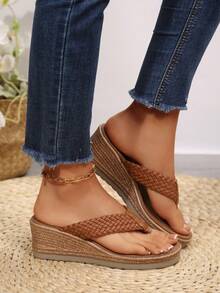 Plus Size Women's Summer New Fashionable Lightweight Comfortable Platform Wedge Sandals, Casual Woven Outdoor Beach Holiday Flip Flops - Brown - View 5