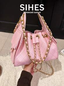 1 pièce Sac à dos en PU de couleur unie pour femmes, sac bandoulière. Design seau à la mode, sangle réglable. Convient aux filles, étudiantes, jeunes professionnels, bureau, travail, affaires, déplacements, shopping - Rose bonbon - Voir 3