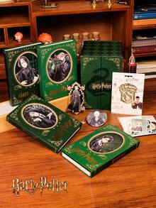 Harry Potter 1組筆記本禮盒，包含4本金色蛇院主題筆記本、50張酷貼紙、1個馬爾福金屬鏤空書籤、1個馬爾福馬口鐵徽章 - 帶有蛇院標誌與角色色彩的高級日記本，適合創意寫作、日常筆記、旅行日誌、個人規劃，給粉絲與收藏家的完美魔法禮物 - 彩色 - 查看 1