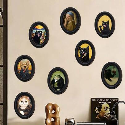 1pc Vintage Funny Parody Famous Painting Wall Art Wooden Decor Sign,Quirky Cat Portrait Oval Framed Hanging Tag For Living Room Office Aesthetic Room Decor Gift For Cat Lover