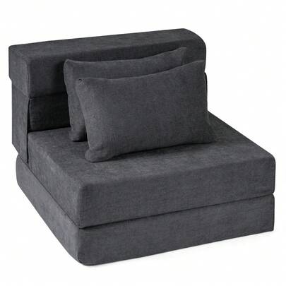  COSTWAY Folding Sofa Bed, 3-In-1 Convertible Sleeper Chair With 2 Pillows, Chenille Fabric Fold Out Futon Couch Bed, Foldable Floor Mattress Lazy Sofa For Living Room, Bedroom, Dorm, Home Office, Grey