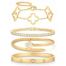 Bộ vòng tay & vòng tay bằng thép không gỉ hình cỏ ba lá 4 lá bằng đá Zirconia, thích hợp để đeo hàng ngày, trang sức cho phụ nữ, hoàn hảo làm quà tặng đám cưới và những dịp đặc biệt - Vàng - Xem 10