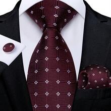 男士酒红色几何格纹领带套装 - 包括口袋巾、袖扣和金色领带夹，时尚领带，适合正式场合 - 紅木色 - 查看 2