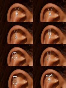 1 pieza Pendiente de oreja tipo cuff de plata de ley 925 con cadena y pendiente de diamante, pendiente para cartílago de la oreja, pendiente para lóbulo de la oreja, pendiente tipo cuff para mujeres - Dorado - Ver 19