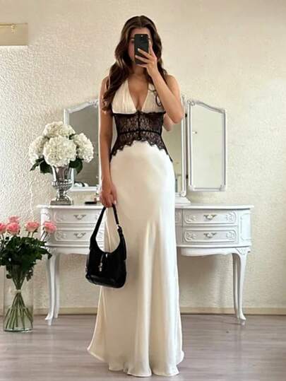 Vestido maxi elegante de mujer con escote profundo en V, detalles de encaje, ajuste ceñido, para galas, cócteles, fiestas de noche, vacaciones de verano, bodas, bailes de graduación, color blanco