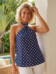 Top halter fluido para mujer, estilo veraniego, estampado de lunares/color liso, sin espalda, ideal para salir. - Azul - Ver 2