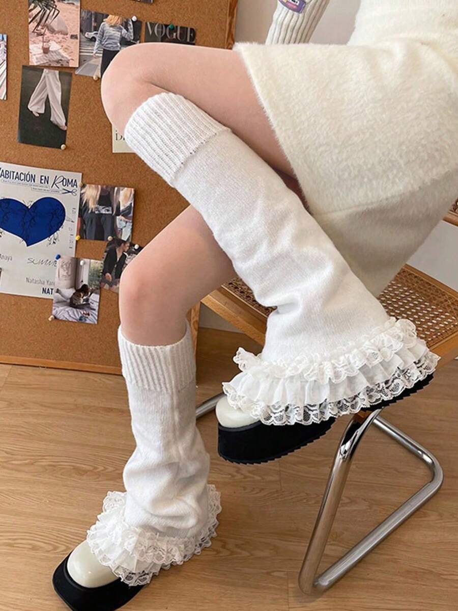 1 đôi tất giữ ấm chân ren kiểu Lolita dành cho nữ, đa năng cho cả mặc hàng ngày và kiểu JK. - trắng - Xem 1