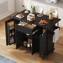 Kitchen Island With Fold-Down Worktop, Kitchen Trolley With Wheels, Kitchen Cabinet With 4  And 1 Drawer, Spice Racks Integrated Into The  , Double-Sided Towel Rails, White, 120*45(70)*95 - Black - View 12