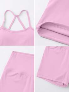 NcmRyu Women's Halter Backless Yoga Top & Booty Shorts Set, Naked Feel Yoga Outfit, Fitness Sports Suit - Hồng - Xem 4